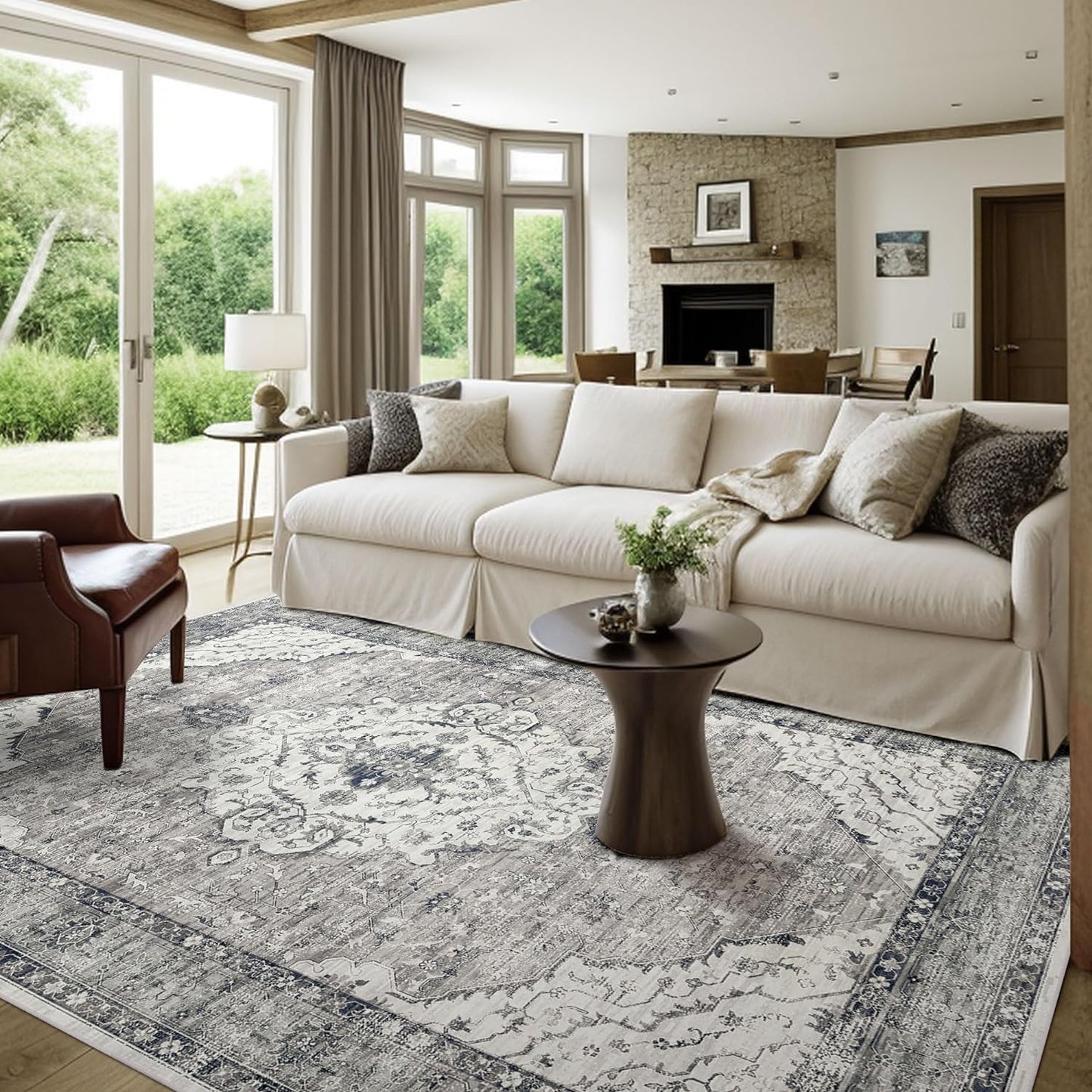 Deerly 5x7 Rug Washable Area Rugs for Living Room, Non Slip 5 x 7 Rug for Bedroom Dining Room, Low-Pile Kid & Pet Friendly Distressed Carpet Print Floor Rug Border Grey/Navy