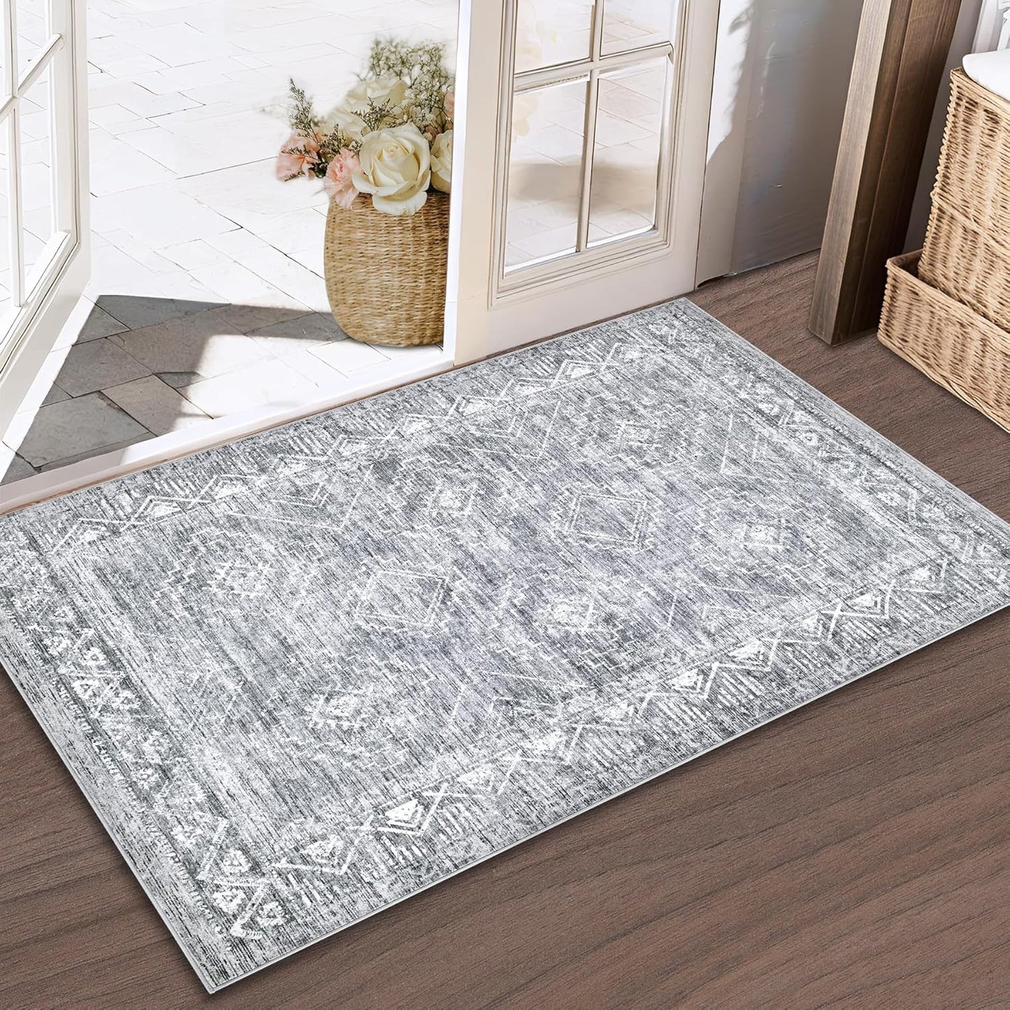 Moroccan Area Rug 2x3 - Washable Distressed Entryway Rug Non-Slip Small Rug, Soft Low-Pile Geometric Farmhouse Indoor Door Mat Floor Carpet for Entrance Bedroom Kitchen Bathroom (2 x 3, Grey)