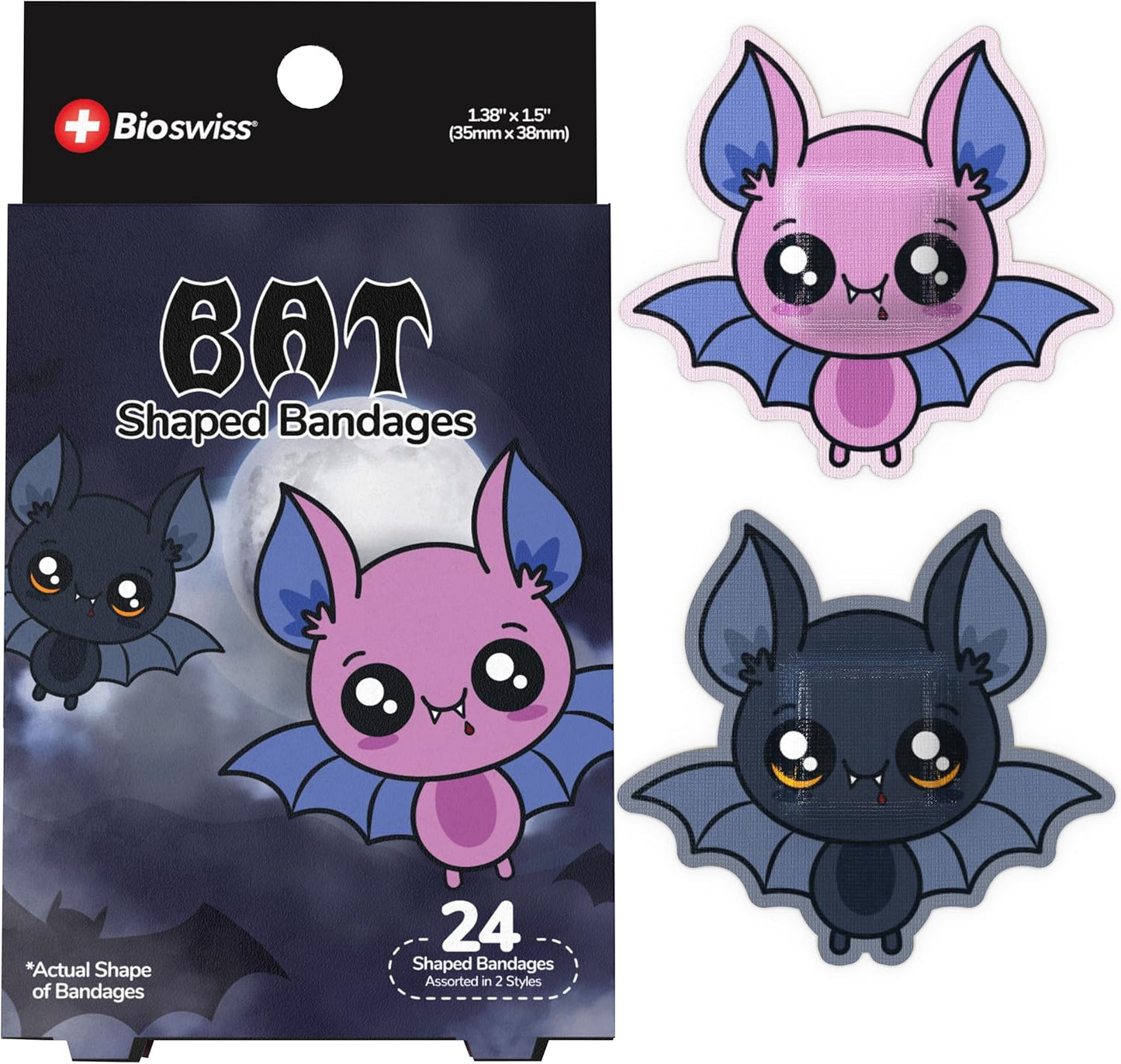 BioSwiss Bandages, Halloween Bat Shaped Self Adhesive Bandage, Latex Free Sterile Wound Care, Fun First Aid Kit Supplies for Kids, 24 Count