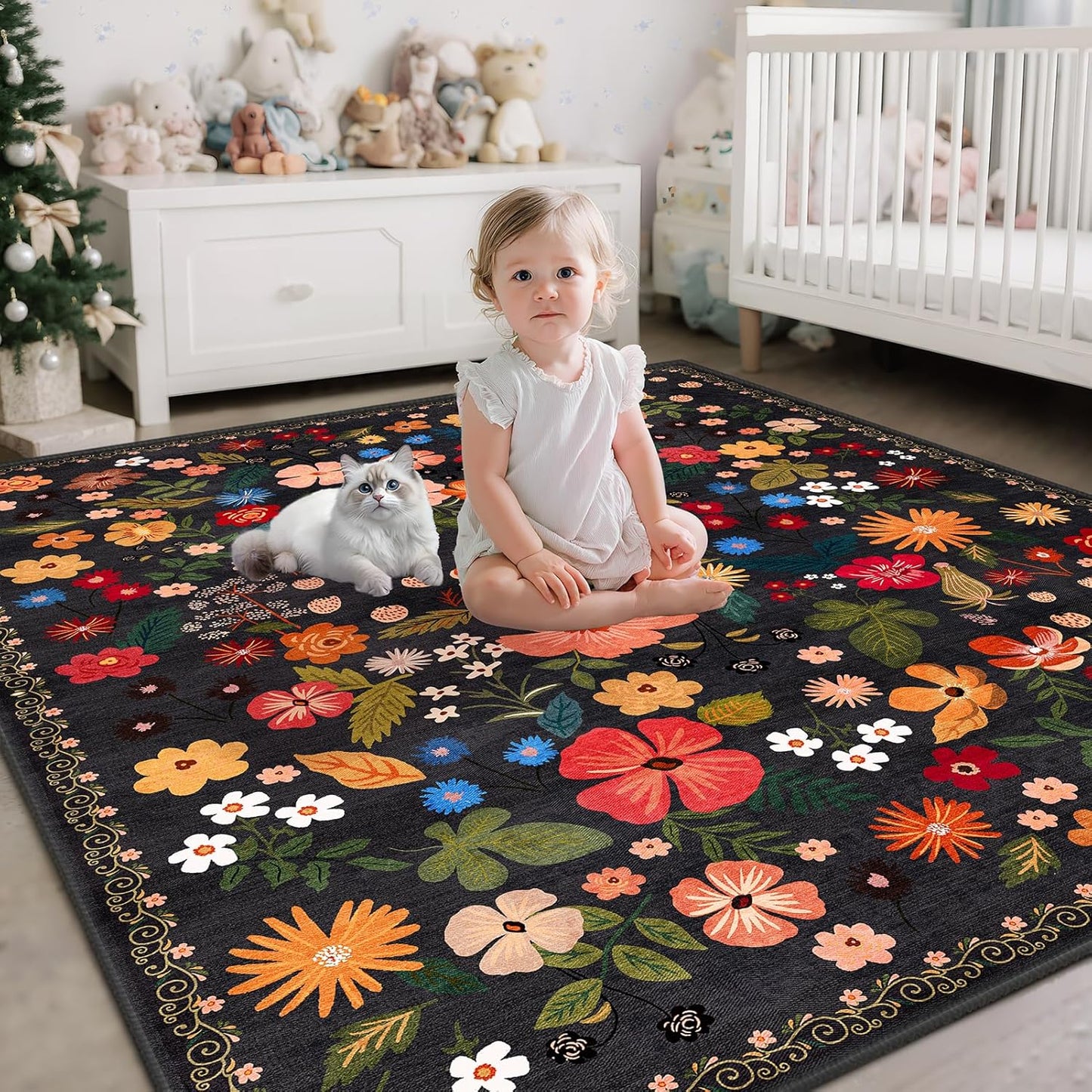 Black 8x10 Area Rugs for Large Living Room Machine Washable Non-Slip Backing Boho Floral Rugs Soft Faux Wool Low Pile Stain Resistant Dark Carpet Rug for Cozy Bedroom Dining Room Nursery Kids Room