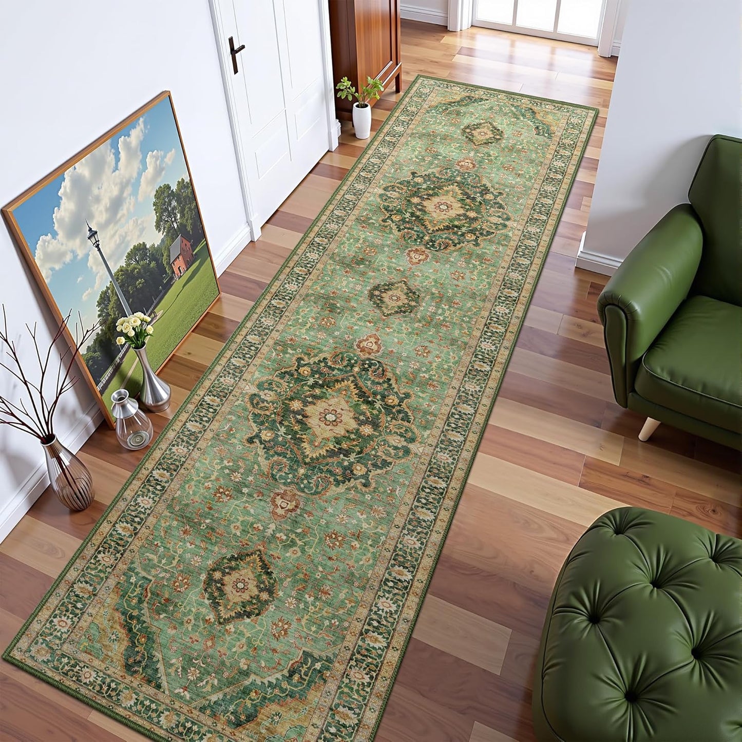 Green Boho Washable 3x12 Extra Long Runner Rug for Hallway, Waterproof Large Kitchen Floor Rug, Non-Slip Stain & Fade Resistant, Vintage Floral Decor