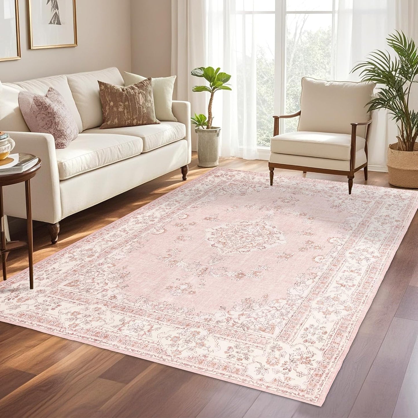 4x6 Area Rug Washable: Oriental Soft Area Rug for Living Room Bedroom No Shedding - Low Pile Thin Carpet Rug for Dining Room Non Slip - Boho Vintage Rug for Home Decor - Soft Pink