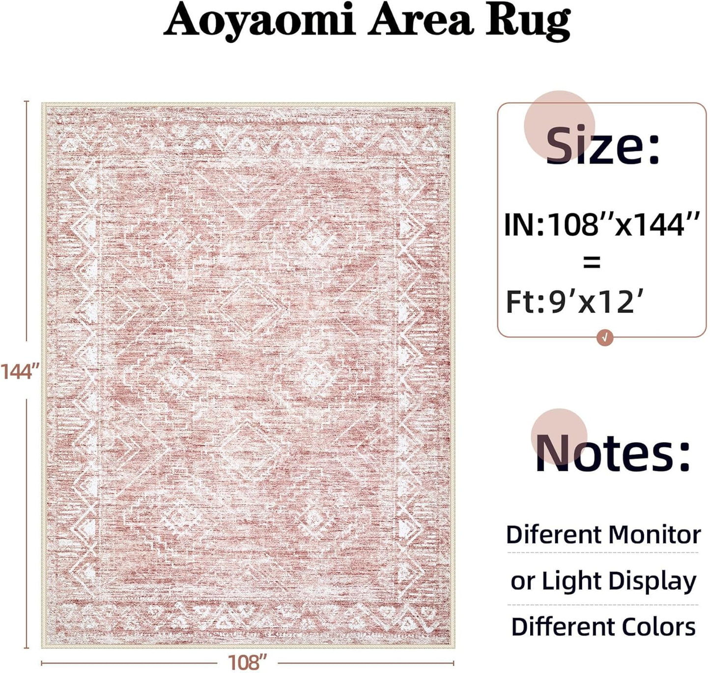 Large Living Room Area Rug 9x12 - Machine Washable Vintage Boho Moroccan Rugs Geometric Neutral Rug Non-Shedding Low Pile Distressed Farmhouse Carpet for Bedroom Nursery Classroom Dorm(9'x12',Pink)