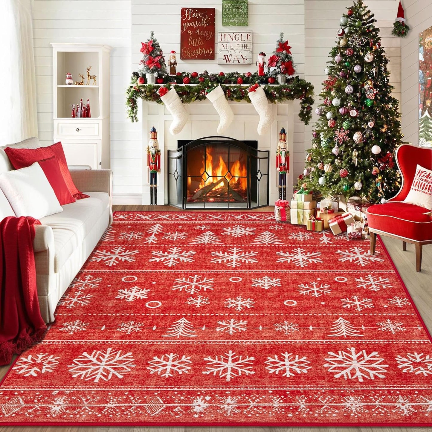 Christmas Area Rug 6x9 Red, Snowflake Washable Rugs for Bedroom Non Slip Kitchen Rug, Soft Christmas Tree Indoor Carpet for Kids Room Dining Room Entryway (6'x9', Xmas Red)