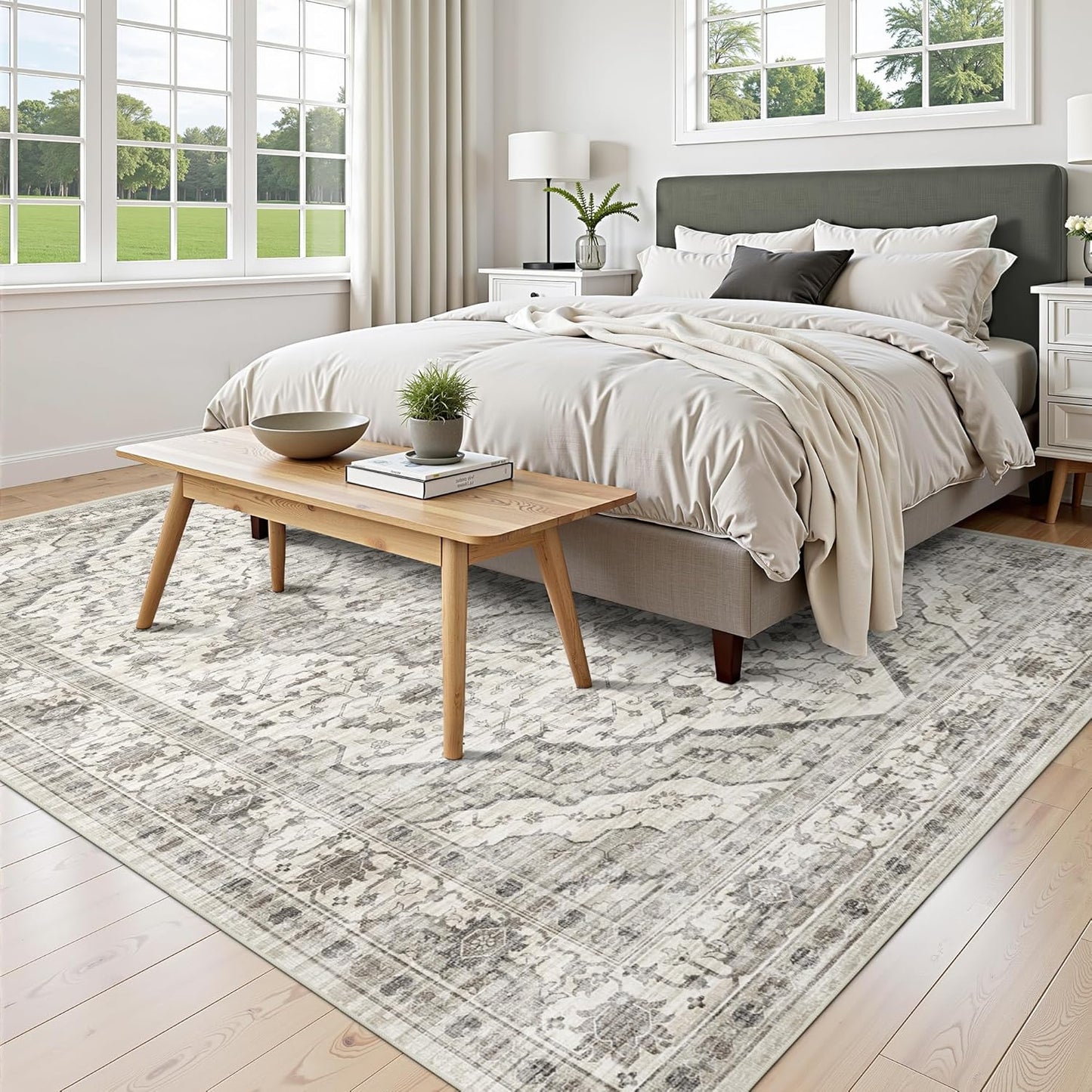 Deerly Washable Area Rugs 5x7 Cream Rug for Living Room Bedroom Dining Room, Low-Pile Kid & Pet Friendly Distressed Carpet Print Floor Rug Non Slip Rug(Border Cream)