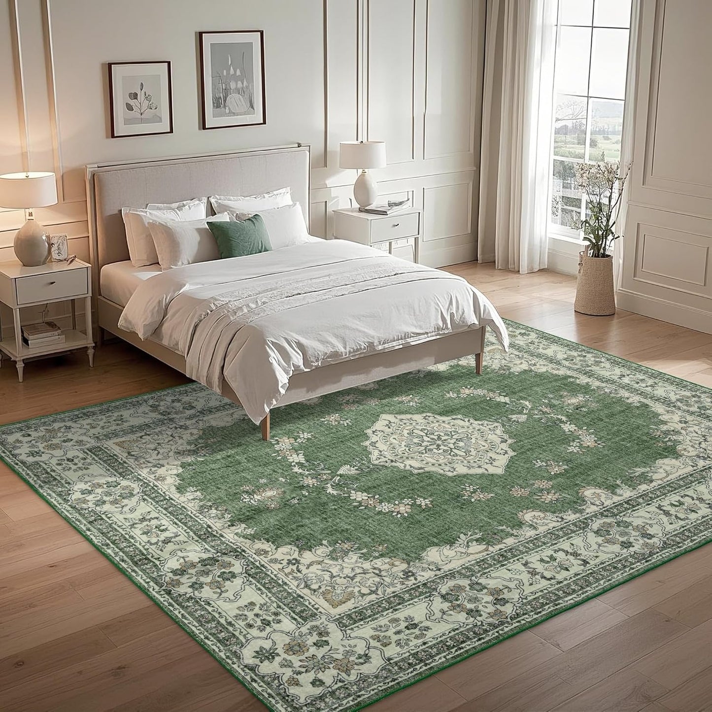 9x12 Area Rug Washable: Oriental Soft Area Rug for Living Room Bedroom No Shedding - Low Pile Thin Carpet Rug for Dining Room Non Slip - Boho Vintage Rug for Home Decor - Olive Green