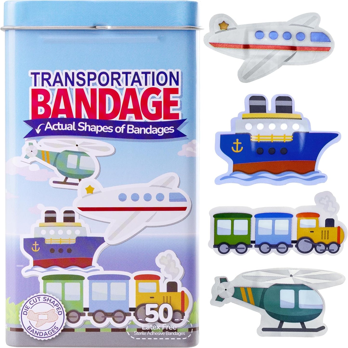 BioSwiss Bandages, Transportation Shaped Self Adhesive Bandage, Latex Free Sterile Wound Care, Fun First Aid Kit Supplies for Kids, 50 Count