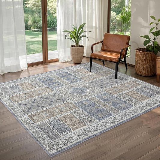 4x6 Area Rug Washable: Oriental Soft Area Rug for Living Room Bedroom No Shedding - Low Pile Thin Carpet Rug for Dining Room Non Slip - Boho Vintage Rug for Home Decor - Blue Grey