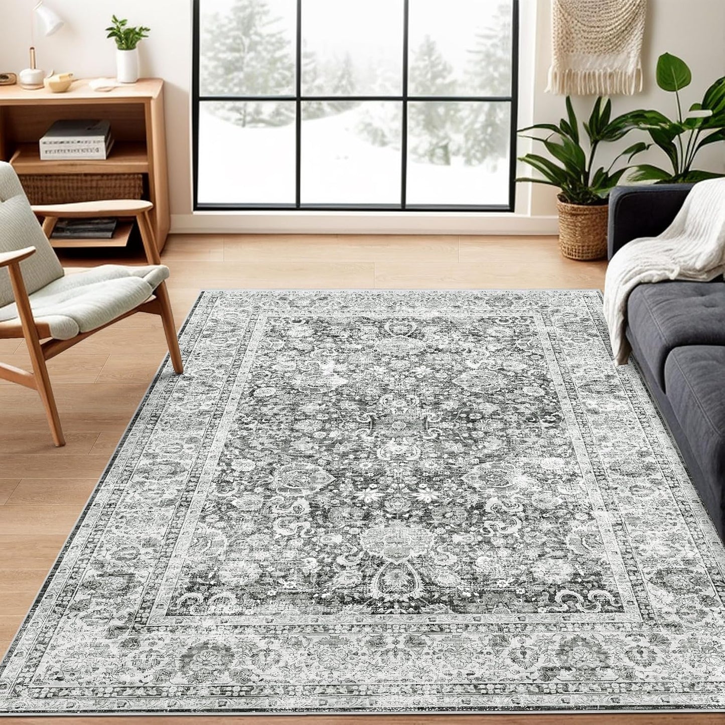 Deerly Area Rug 3x5 Area Rug with Non-Slip Backing, Washable Rugs for Bedroom Living Room Kitchen, Distressed Carpet Printed Low-Pile Soft Dorm Rug Room Decor(Grey)