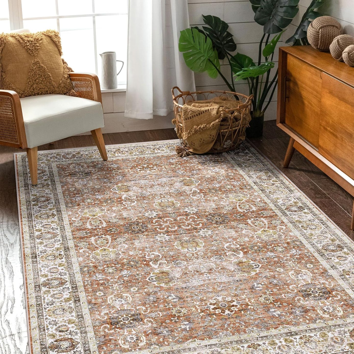 Deerly 6x9 Vintage Rugs for Dining Room, Washable Rugs Non Slip Large Area Rug for Living Room Bedroom Office, Floor Decoration Big Rug Mat Low-Pile Kid & Pet Friendly(Brick Red)