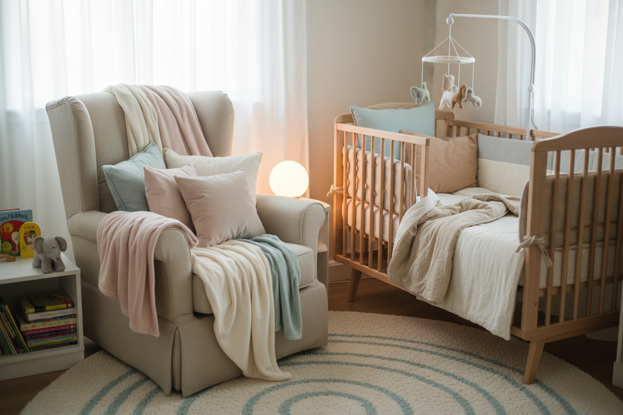 Create a cozy, safe space with blankets, pillows, swaddles, crib bedding, night lights, and room accessories that help your little one sleep soundly. (make it real photo)