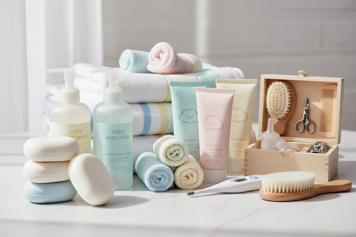 Gentle, parent-trusted bath essentials including baby-friendly soaps, lotions, towels, washcloths, grooming sets, and hygiene tools. (make it real photo)