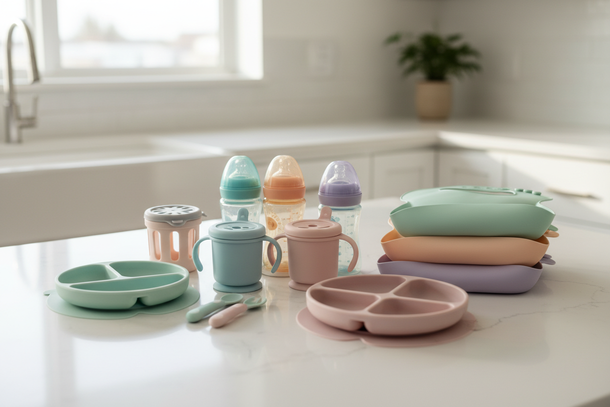 Make mealtime easier with safe, practical feeding products — bottles, sippy cups, bibs, utensils, plates, and spill-proof containers. Perfect for both at-home and on-the-go parents. (make it real photo)