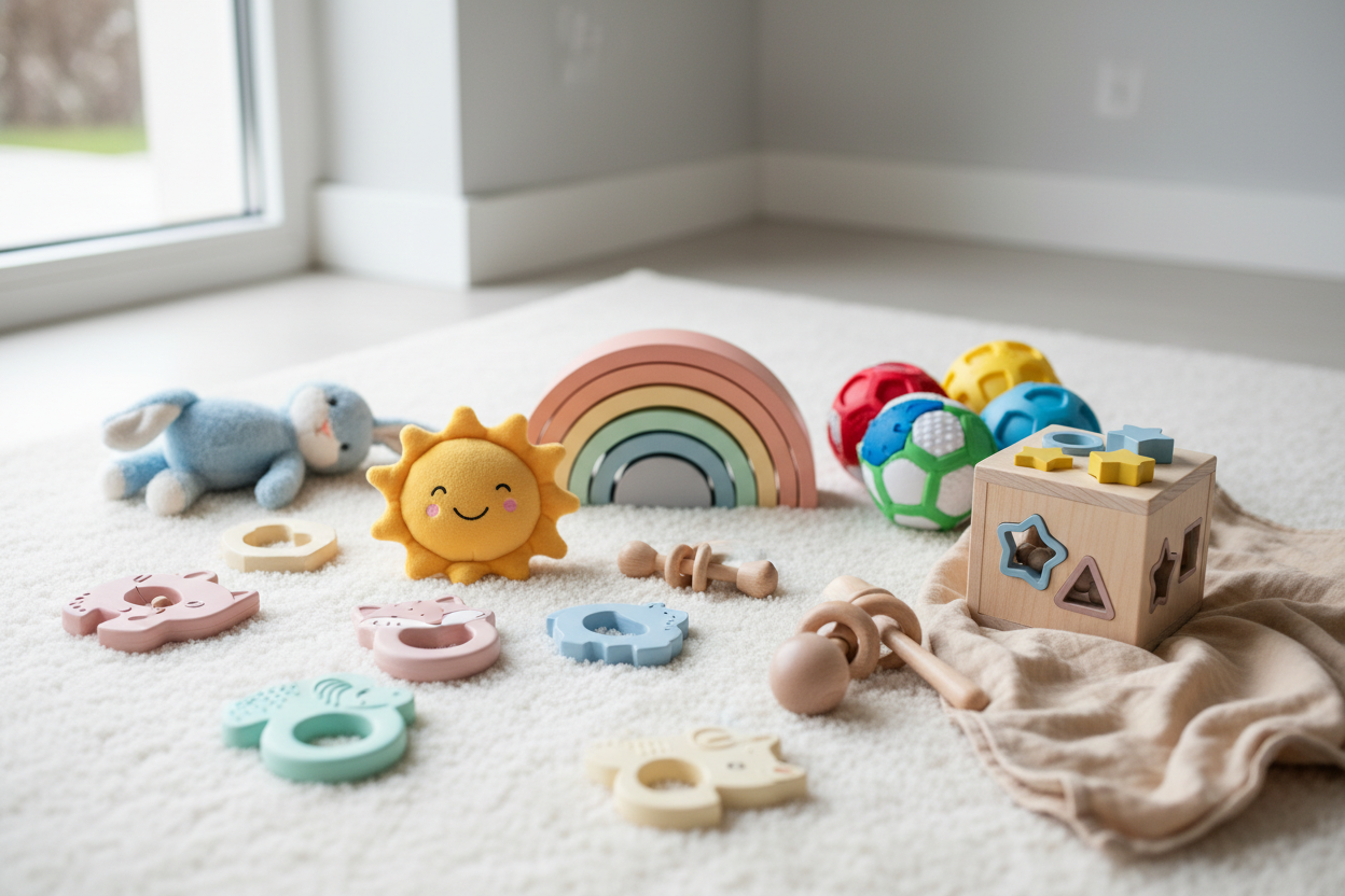 Stimulate your baby’s growing mind with soft toys, rattles, teethers, stacking toys, sensory items, and educational playthings designed for early development. (make it real photo)